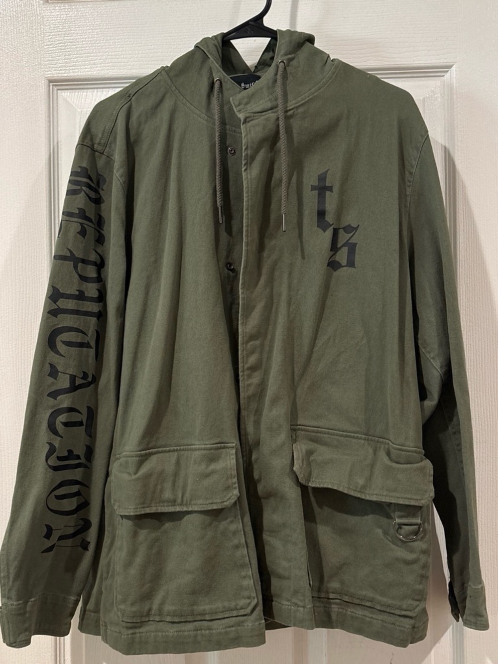 Taylor Swift Olive Green Utility Hooded Jacket with Black Graphic Sleeve